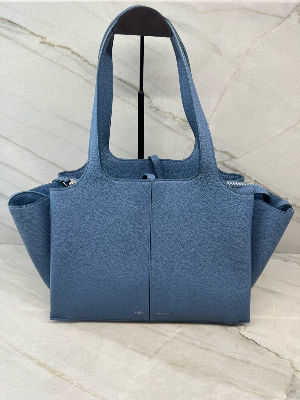 Céline Phoebe Philo Medium Tri-Fold Tote in Steel Blue Baby-Grained Calfskin